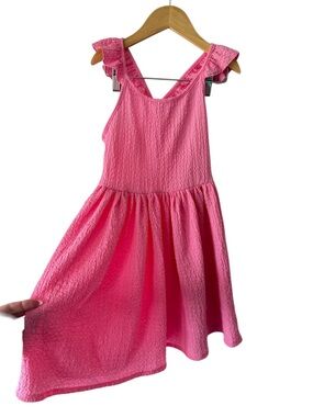H&M Bright Pink Ruffle Strap Textured Summer Dress 5/6 years